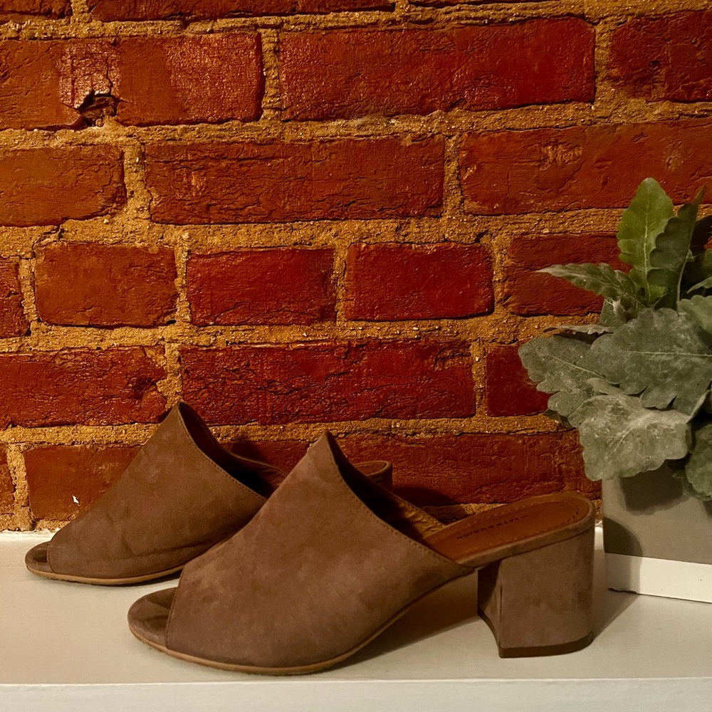 14th & Union — Beige Open Toe Suede Mule Block Heel — Size: 8
